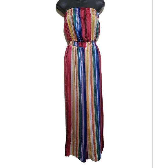 Forever21 Multicolored Stripe Strapless Silk like Jumpsuit Sz Small - Picture 6 of 11